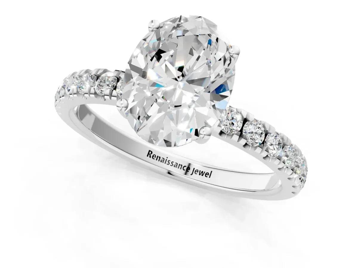 Oval Cut Diamond Pave Band Solitaire Ring with Round Moissanite and Prong Setting Silver