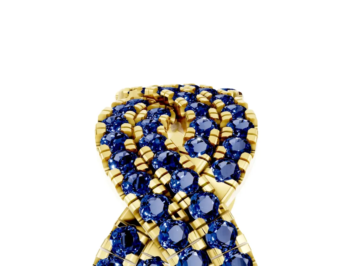 Pavé Round Blue Sapphire Infinity Twist Band with Shared Prong Setting Yellow gold