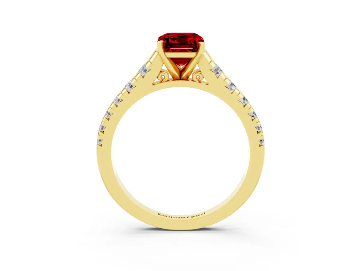 Emerald Cut Ruby Cathedral Solitaire Ring with Round Pavé Band Yellow gold