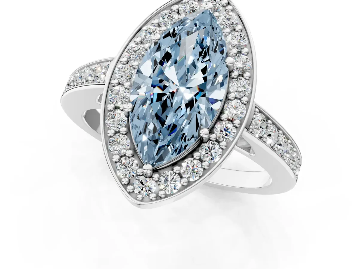 Fancy Blue Marquise Cut Halo Pavé Diamond Engagement Ring with Bezel Setting Silver