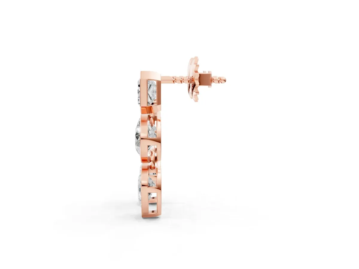 Emerald, Round and Pear Diamond Bezel Drop Earrings Rose gold