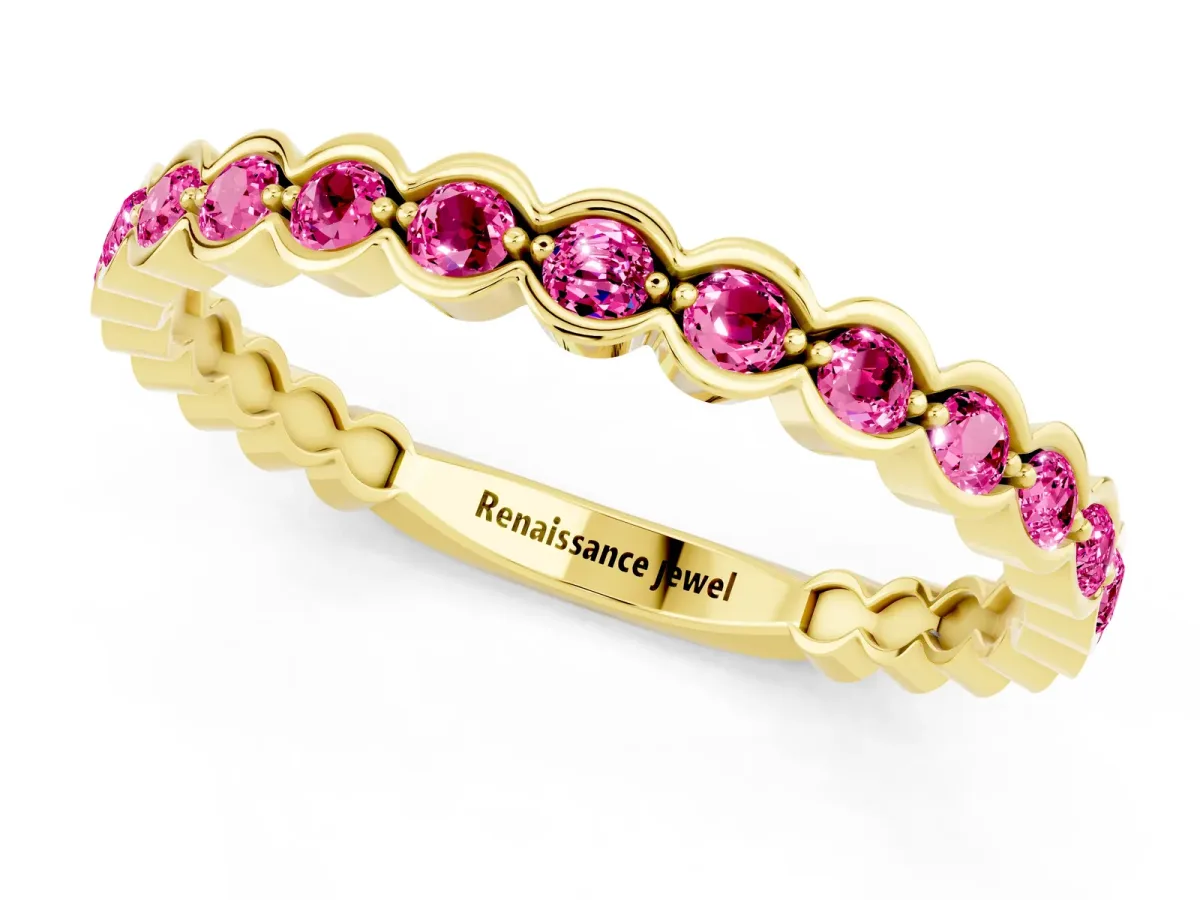Round Pink Sapphire Bezel Set Eternity Band Yellow gold