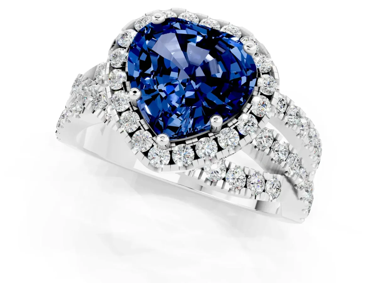 Heart Cut Blue Sapphire Halo Ring with Round Split Shank and Prong Setting Platinum
