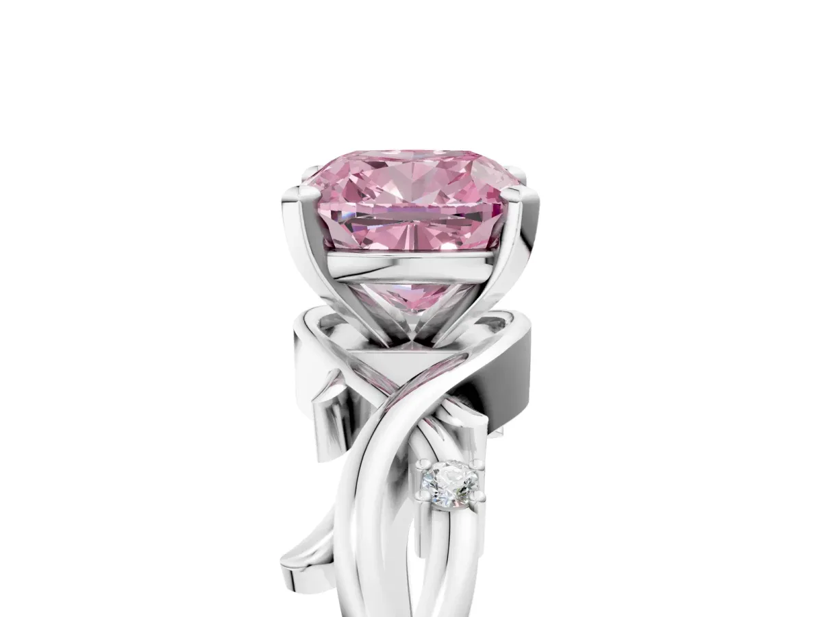 Fancy Pink Cushion Cut Diamond Solitaire Ring with Twisted Band and Prong Setting Platinum