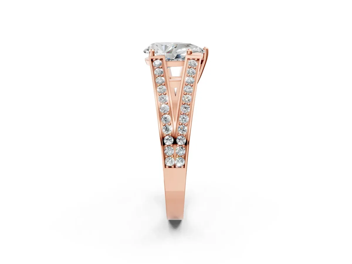 Pear Cut Diamond Split Shank Ring with Pavé Band and Four-Prong Setting Rose gold