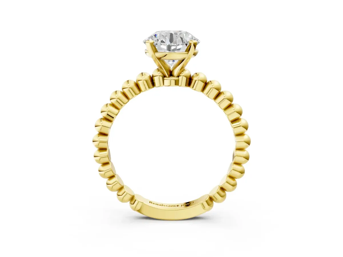Round Cut Diamond Solitaire Ring with Beaded Band and Prong Setting Yellow gold