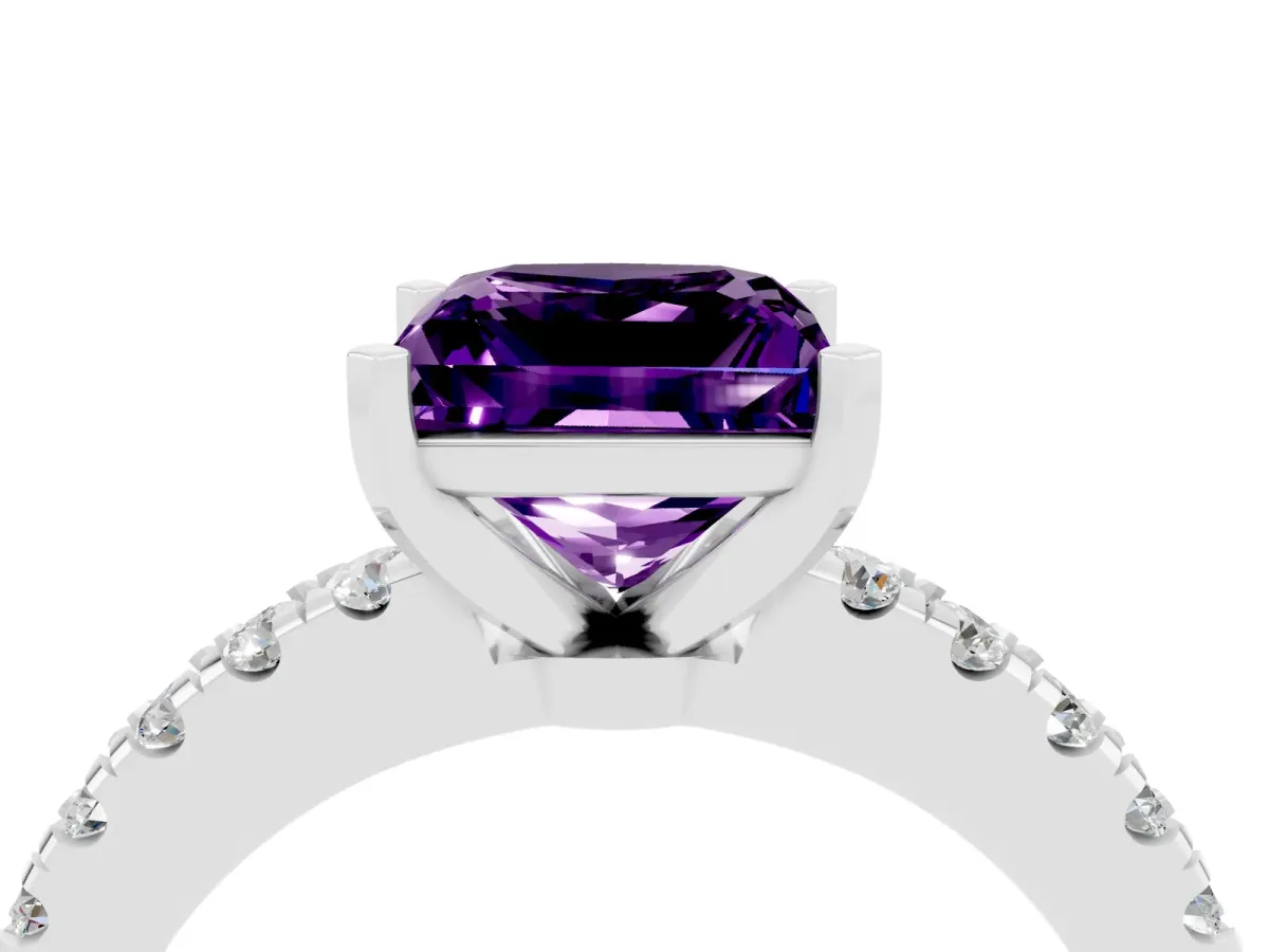 Princess Cut Solitaire Amethyst with Pavé Band and Four-Prong Setting Silver