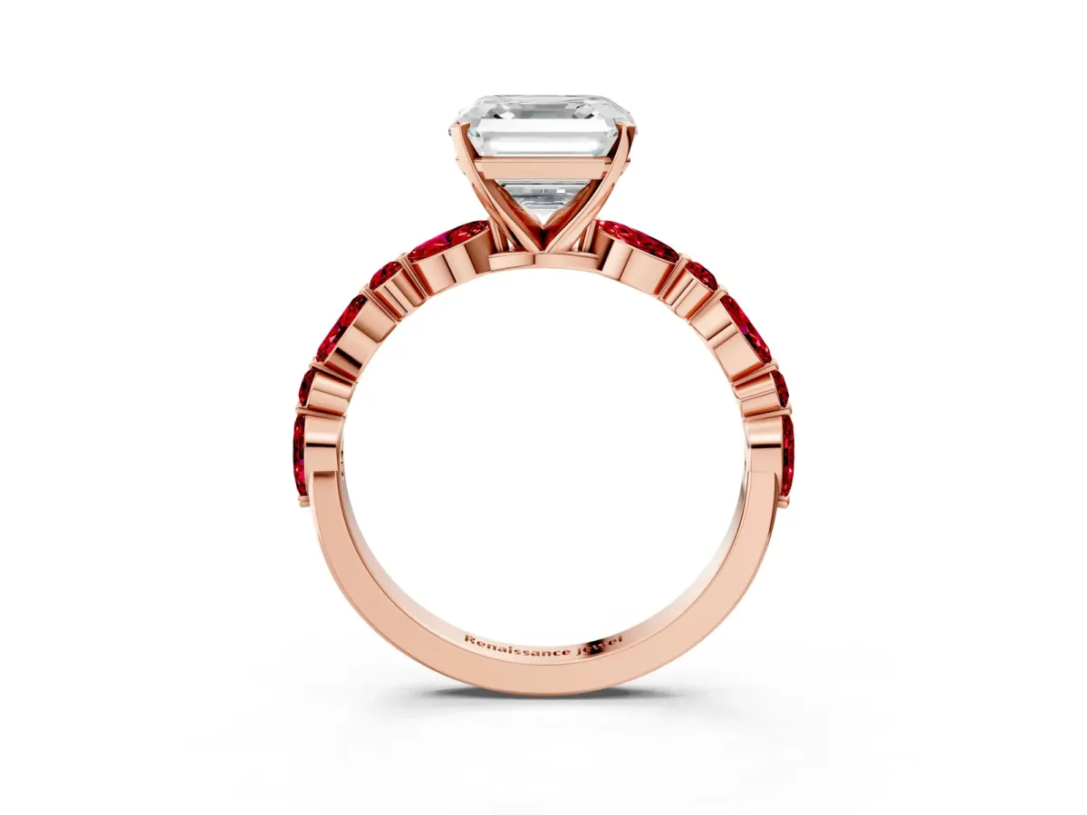 Asscher Cut Diamond Ring with Marquise and Round Ruby Side Stones and Four-Prong Setting Rose gold