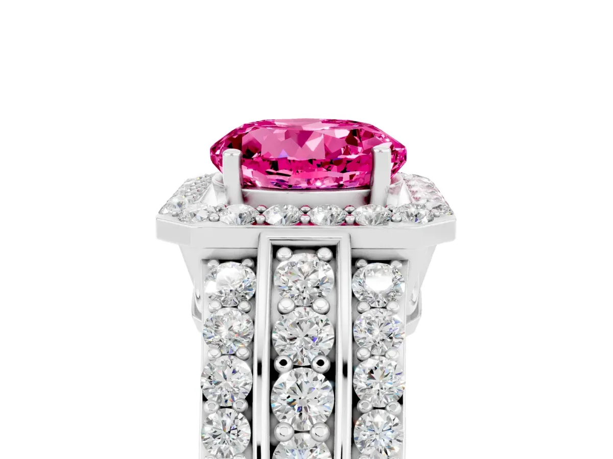 Round Cut Halo Pink Sapphire Ring with Round Split Shank and Prong Setting Silver