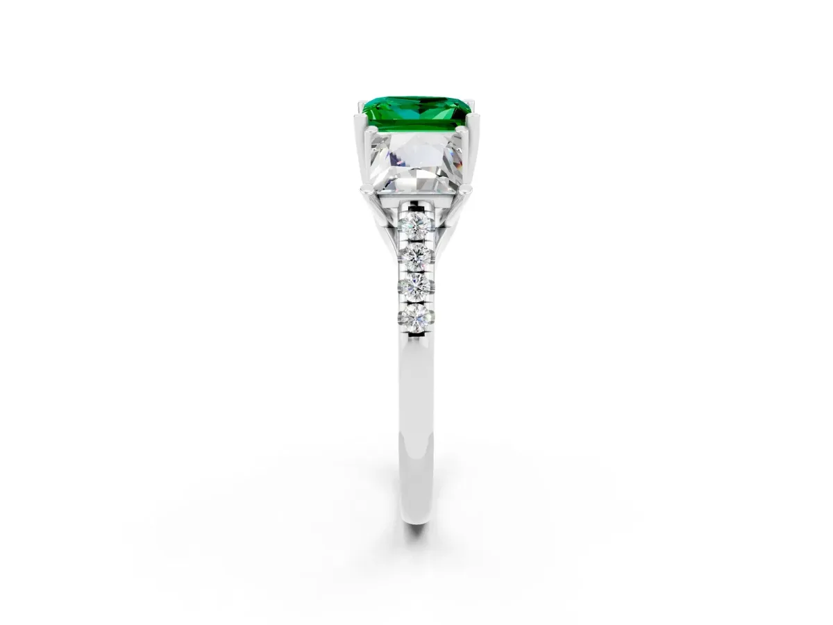 Three-Stone Princess Cut Emerald Ring with Round Pavé Band and Prong Setting Silver