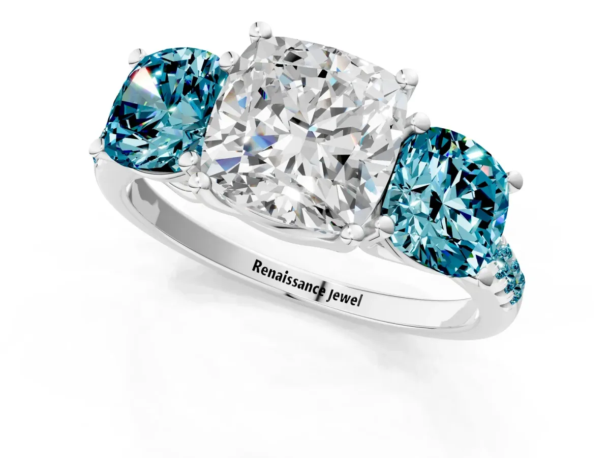Three-Stone Cushion Cut Diamond Ring with Round Blue Topaz Pavé Band and Prong Setting Silver