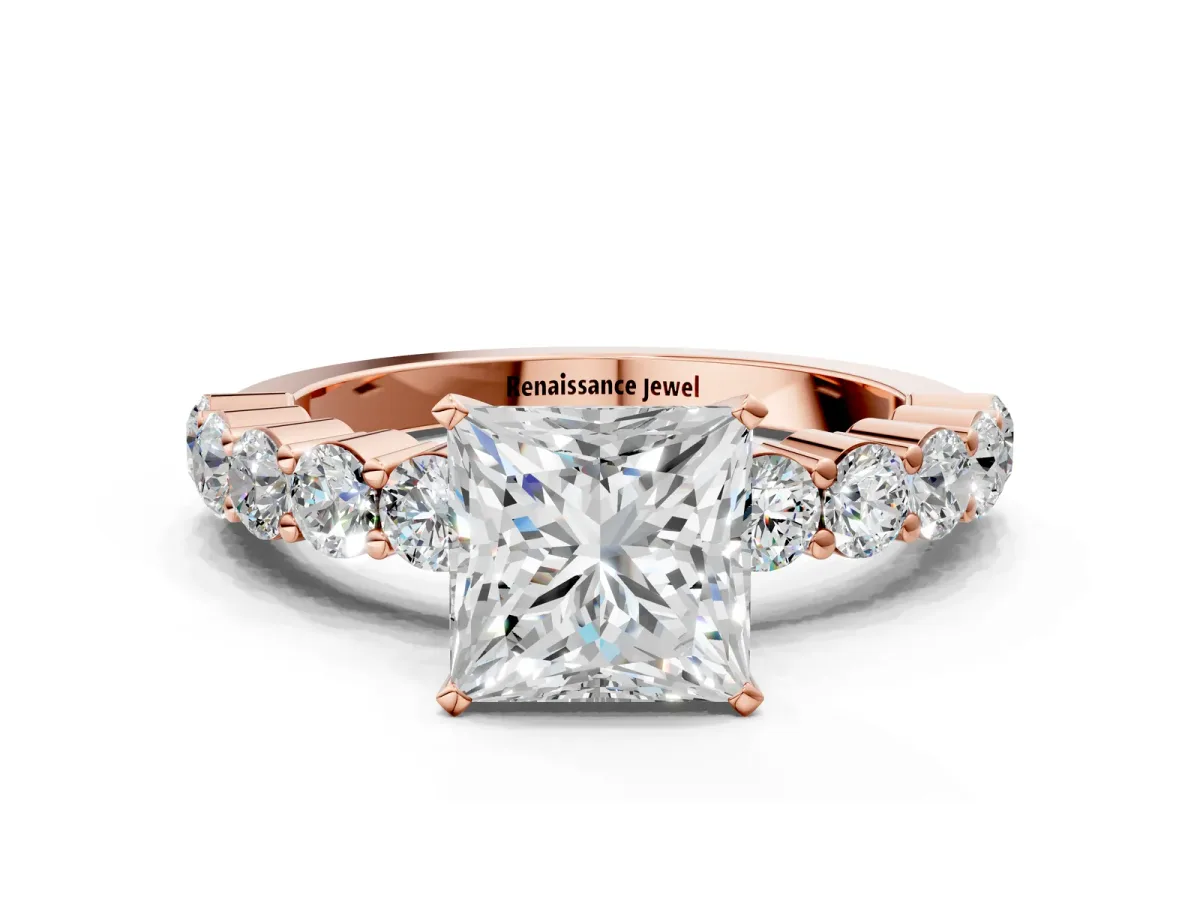 Princess Cut Diamond Solitaire Ring with Shared Prong Round Side Stones Rose gold