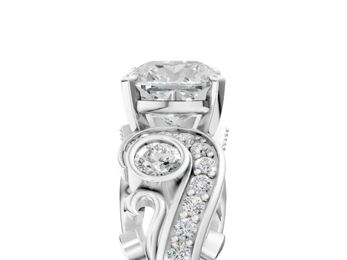 Cushion Cut Diamond Solitaire Ring with Milgrain Pavé Band and Four-Prong Setting Silver