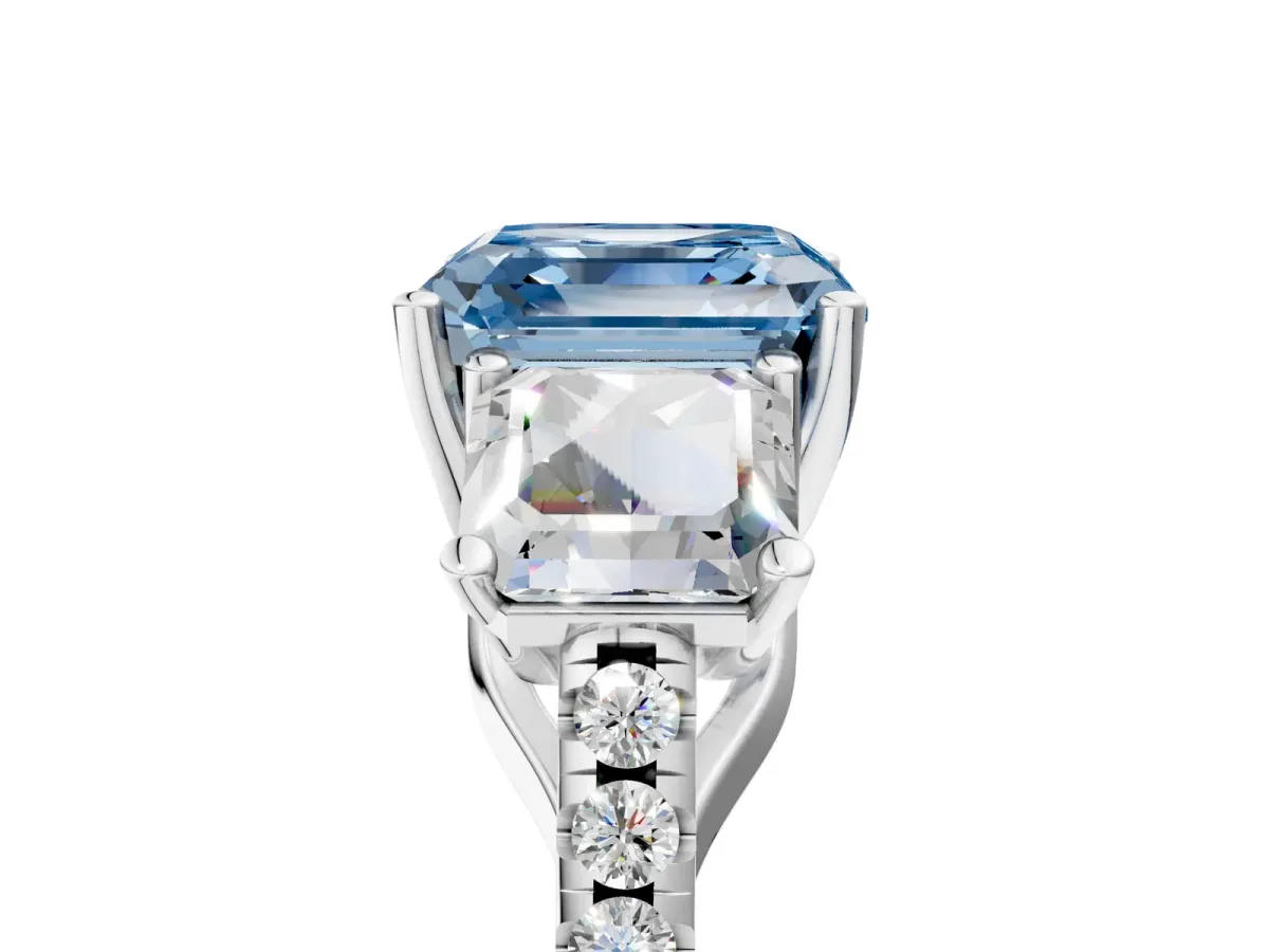 Fancy Blue Three-Stone Asscher Cut Diamond Ring with Round Pavé Band and Prong Setting Silver