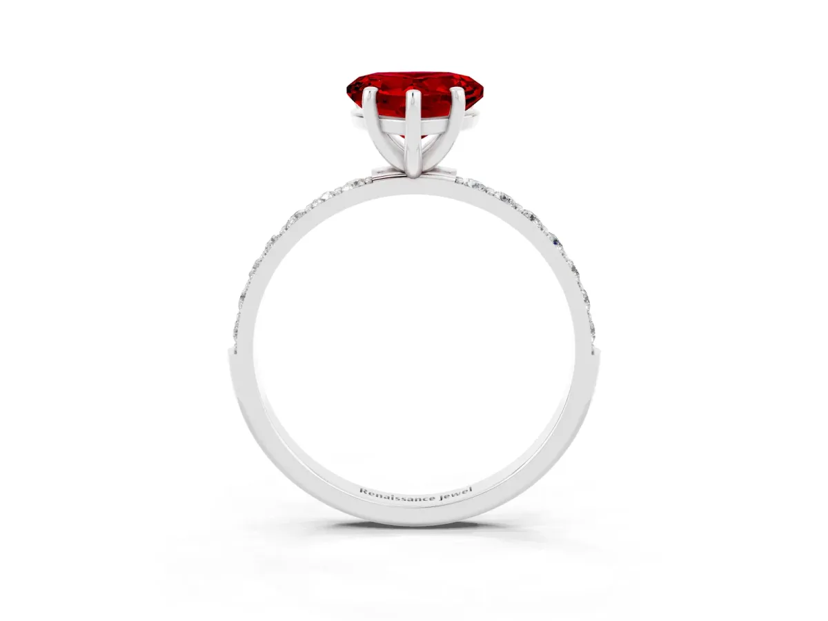 Heart Cut Ruby Solitaire Ring with Round Pavé Band and Prong Setting Platinum