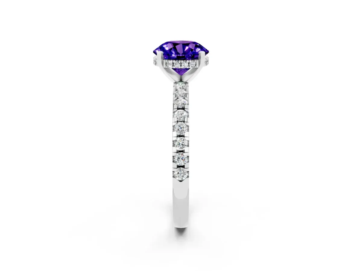 Round Cut Tanzanite Solitaire Ring with Round Pavé Band and Four-Prong Setting Silver