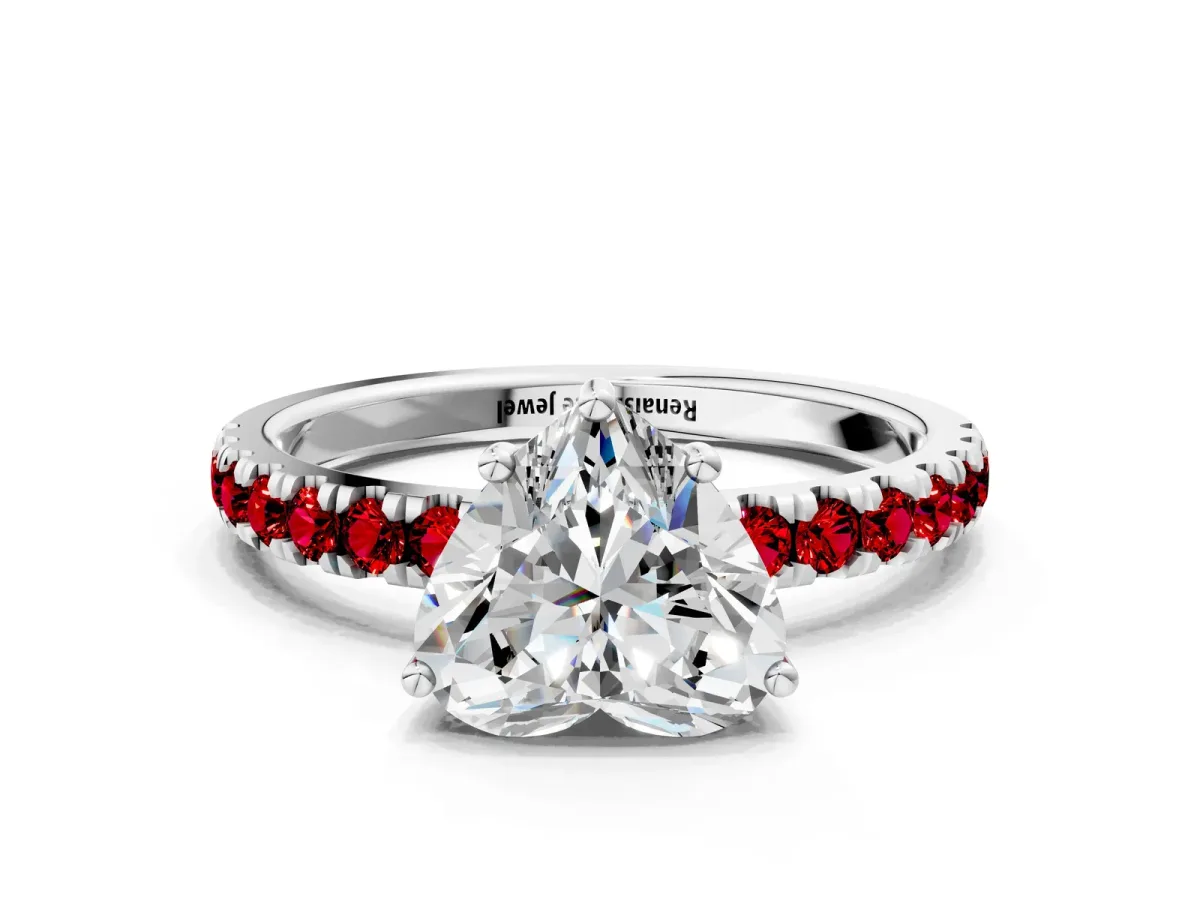 Heart Cut Diamond Pave Band Solitaire Ring with Round Ruby and Prong Setting Silver