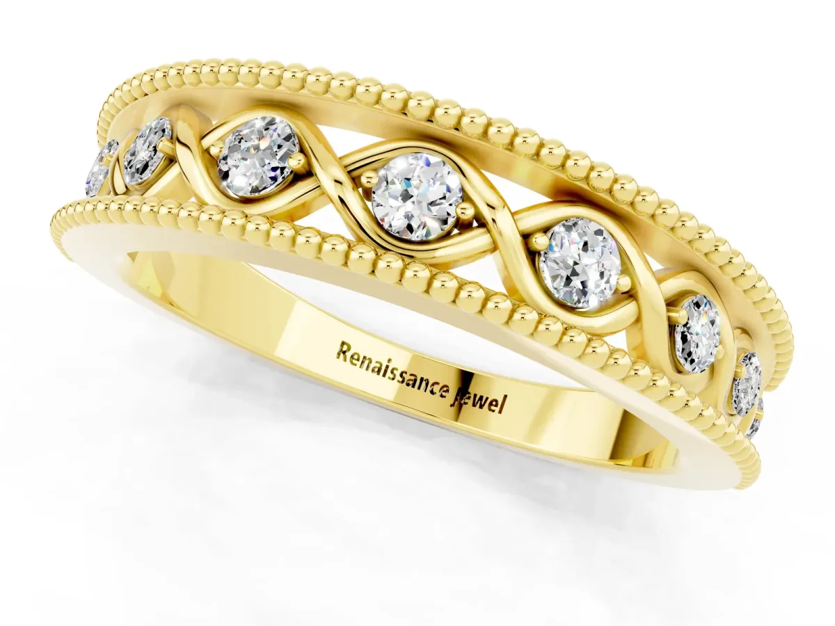 Round Moissanite Twist Milgrain Band with Bezel Setting Yellow gold