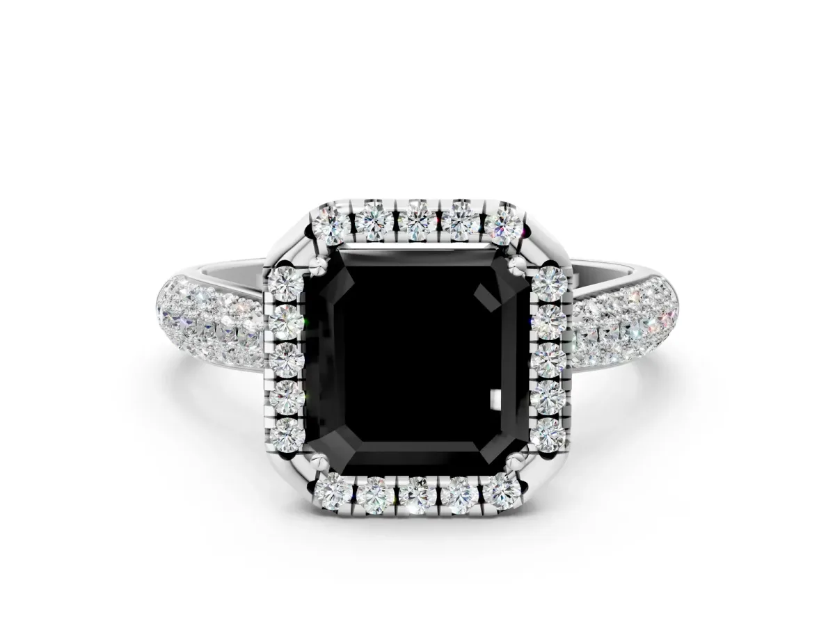 Fancy Black Asscher Cut Halo Diamond Ring with Pavé Band Platinum
