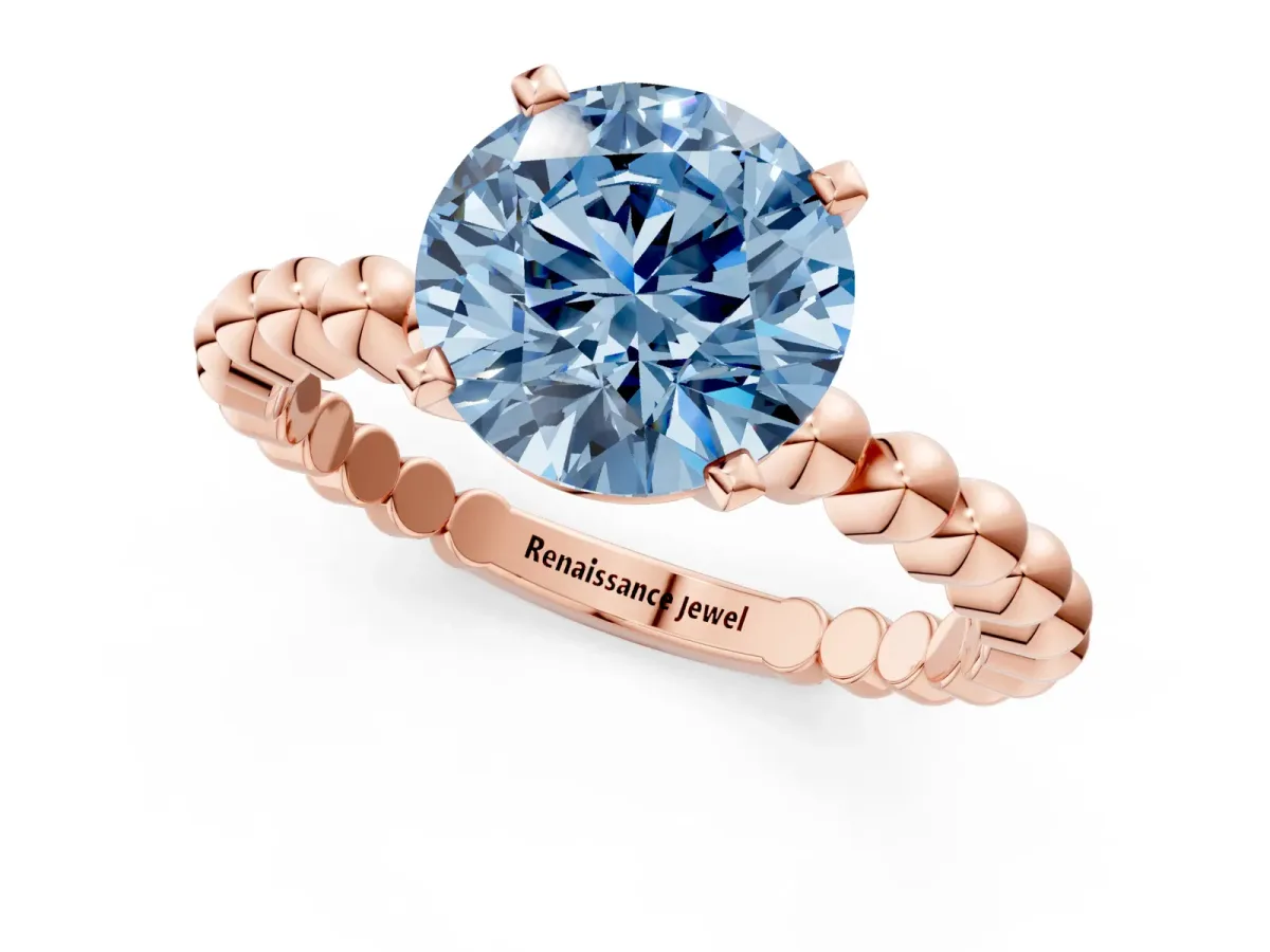 Fancy Blue Round Cut Diamond Solitaire Ring with Beaded Band and Prong Setting Rose gold