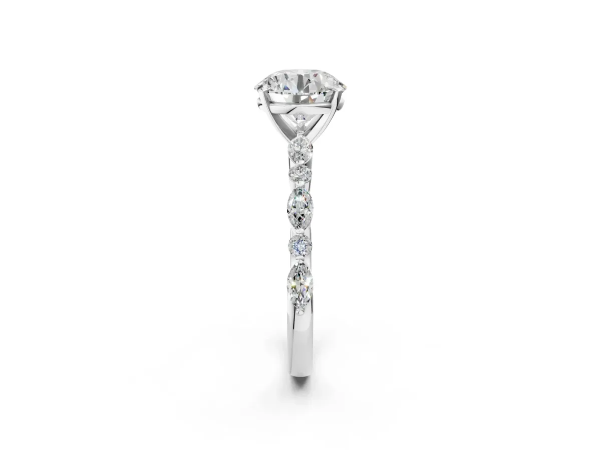Round Cut Diamond Ring with Marquise and Round Side Stones and Four-Prong Setting Silver