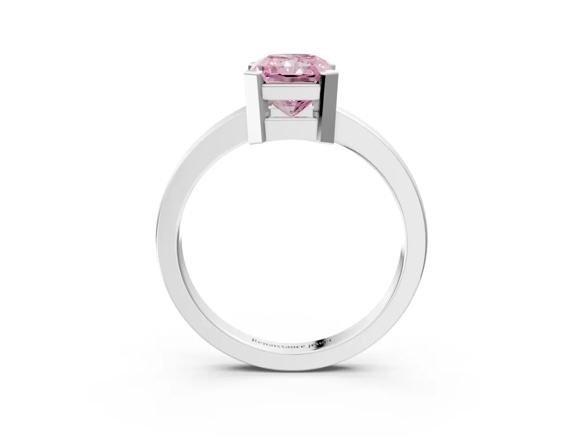 Fancy Pink Radiant Cut Cut Solitaire Ring with Four-Prong Setting and Classic Band Platinum