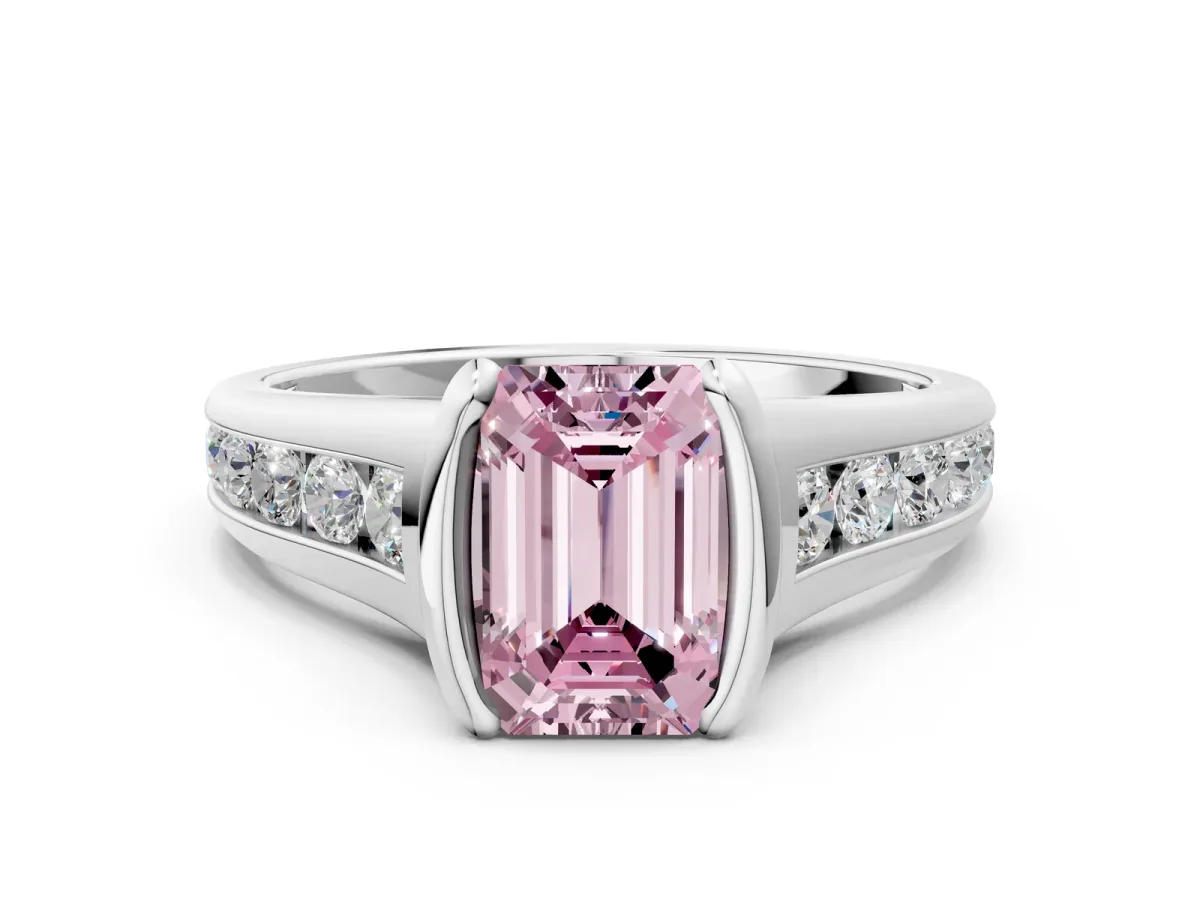 Fancy Pink Emerald Cut Solitaire Bezel-Set Diamond Ring with Channel-Set Band Platinum