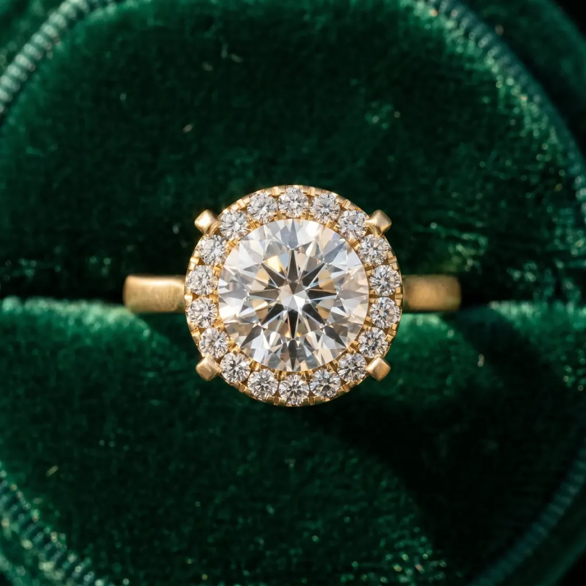 Round Cut Diamond Cluster Halo Solitaire with Four-Prong Setting Yellow gold