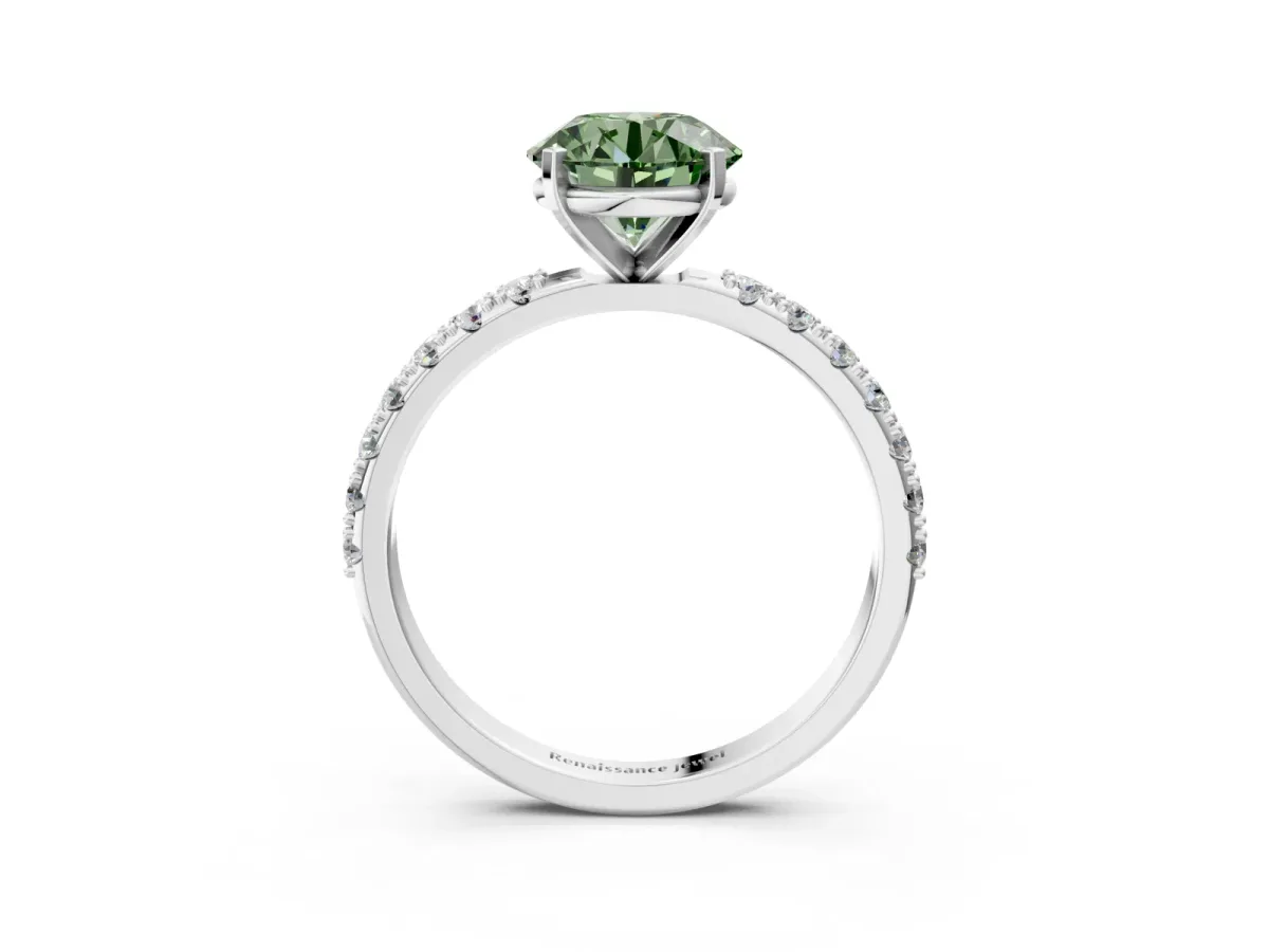 Fancy Green Round Cut Diamond Solitaire Pavé Band with Four-Prong Setting Silver