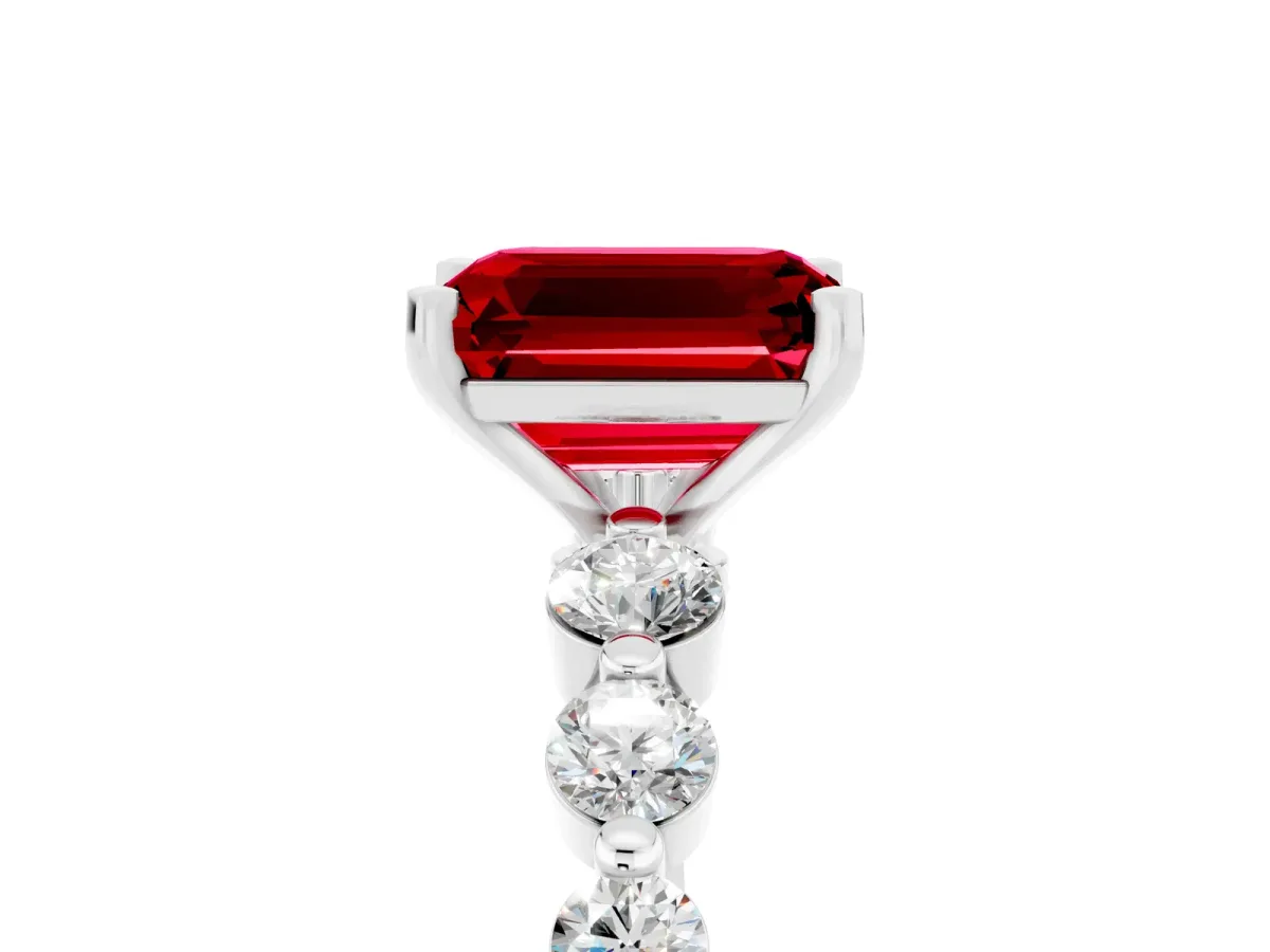 Emerald Cut Solitaire Ruby Ring with Pave Band and Four-Prong Setting Silver