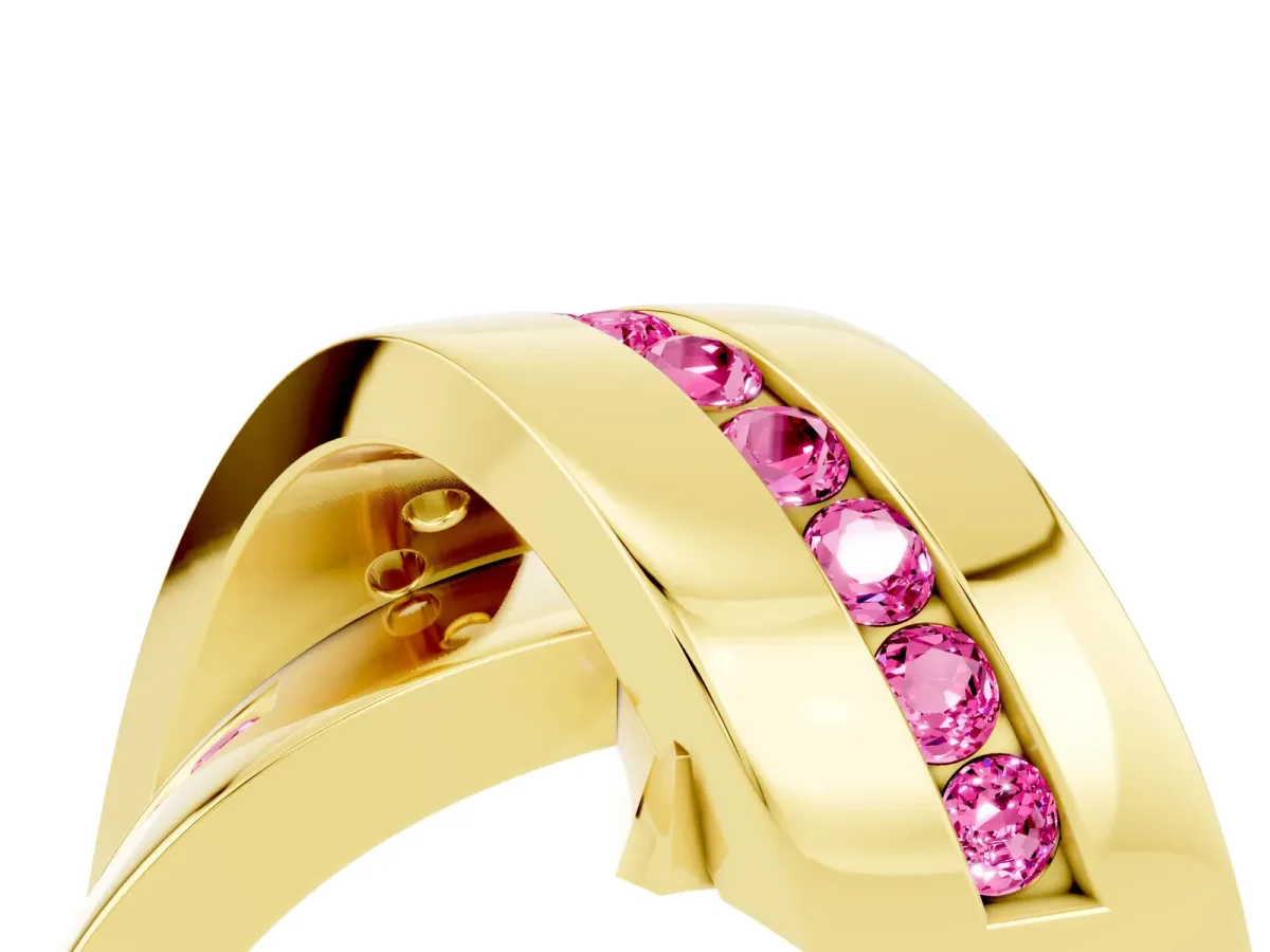 Pavé Round Pink Sapphire Crossover Band with Channel Setting Yellow gold