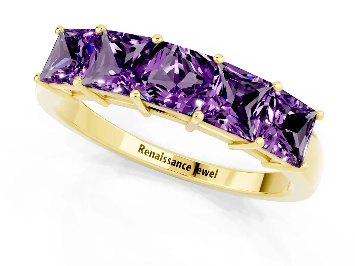 Princess Cut Five-Stone Amethyst Band with Prong Setting Yellow gold