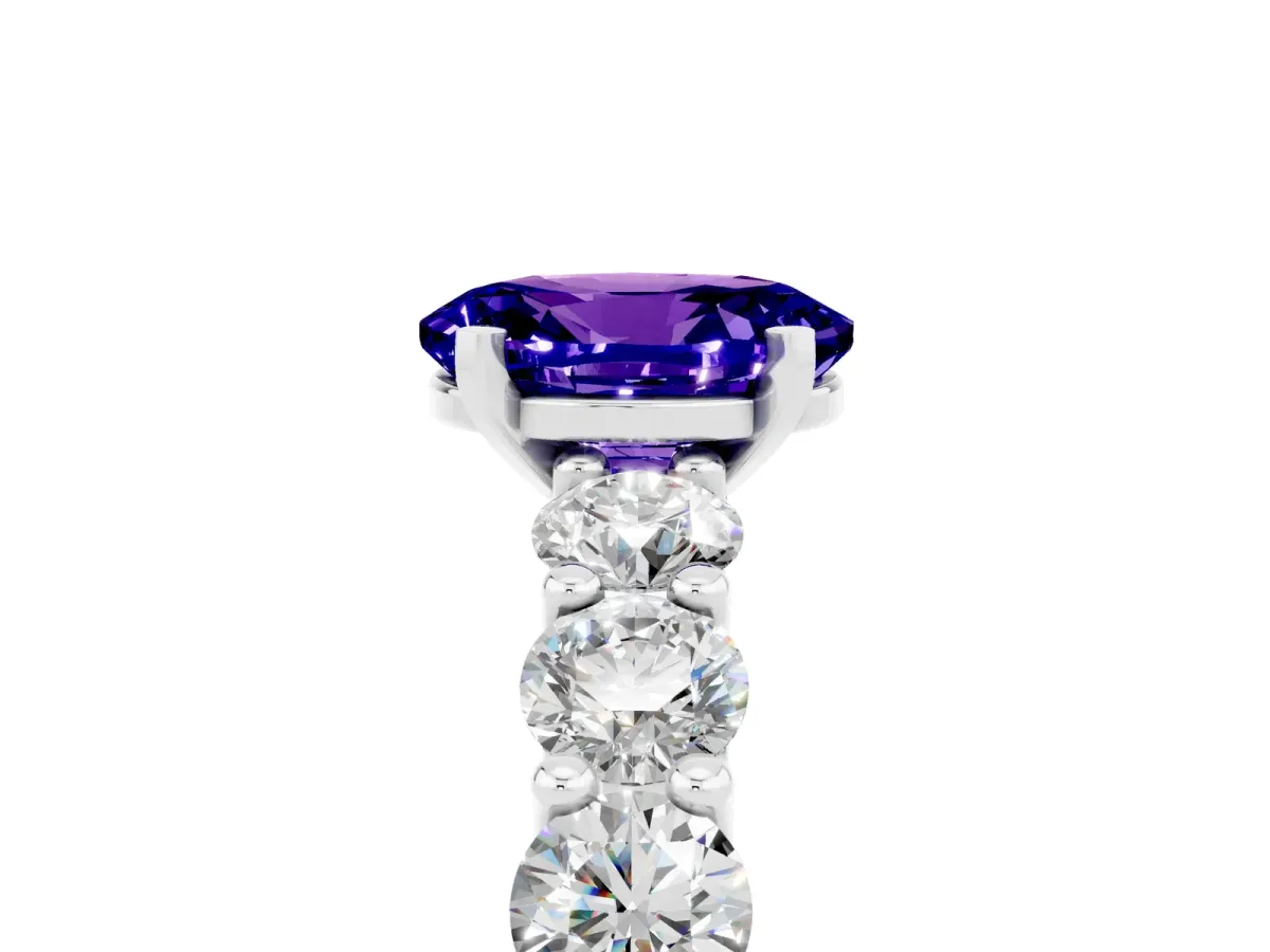 Oval Cut Tanzanite Prong Setting with Side Stones on a Pave Band Silver