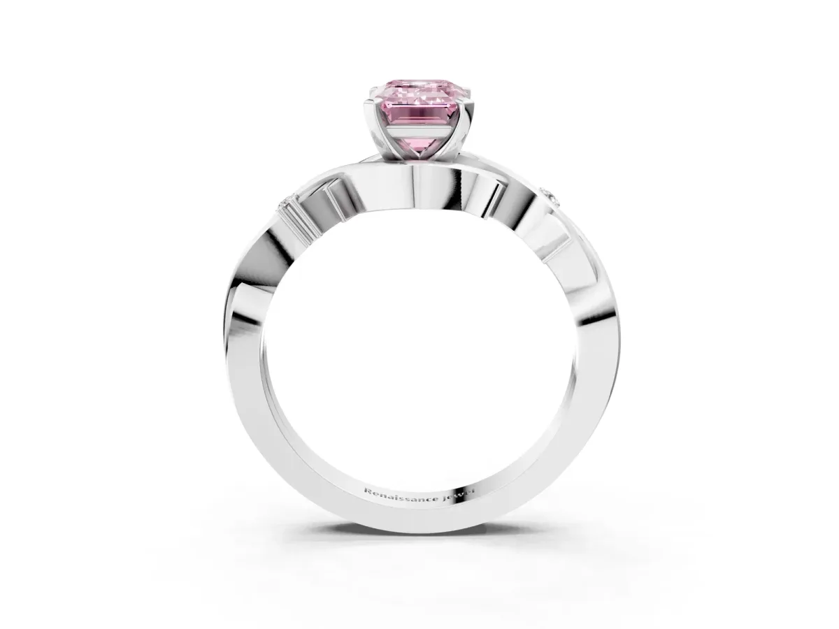 Fancy Pink Emerald Cut Diamond Solitaire Ring with Twisted Band and Prong Setting White gold
