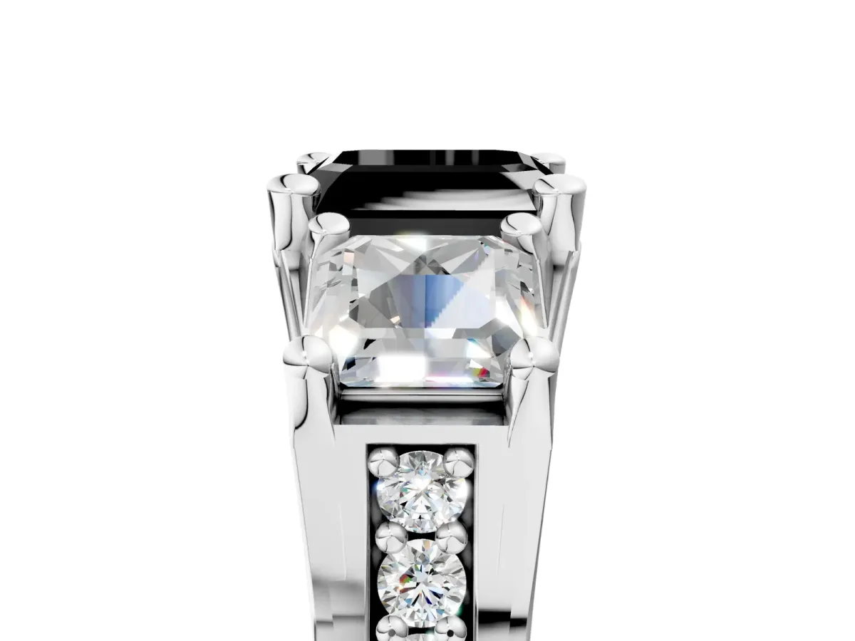 Fancy Black Asscher Cut Diamond Three-Stone Ring with Channel Set Band and Four-Prong Setting Platinum