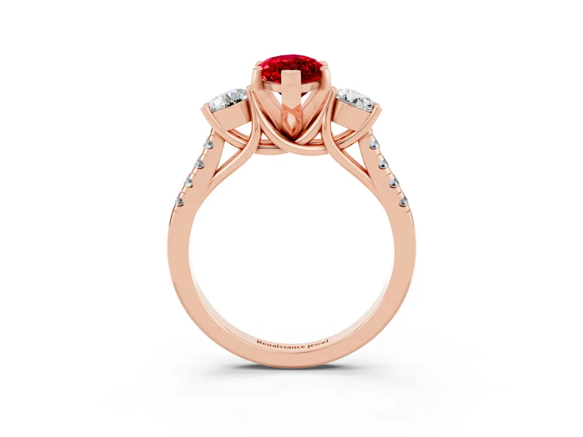 Three-Stone Marquise Cut Ruby Pavé Band with Four-Prong Setting Rose gold