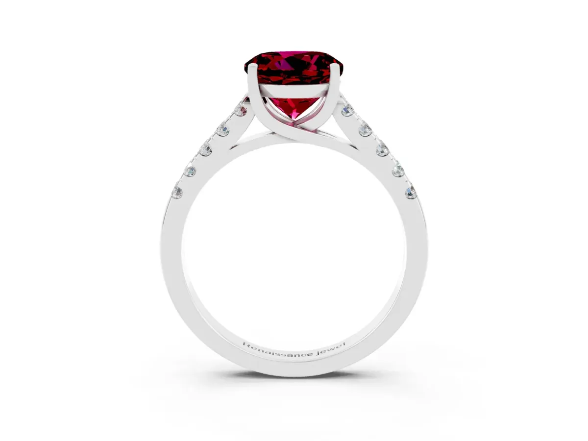Round Cut Garnet Pavé Band Solitaire Ring with Prong Setting White gold