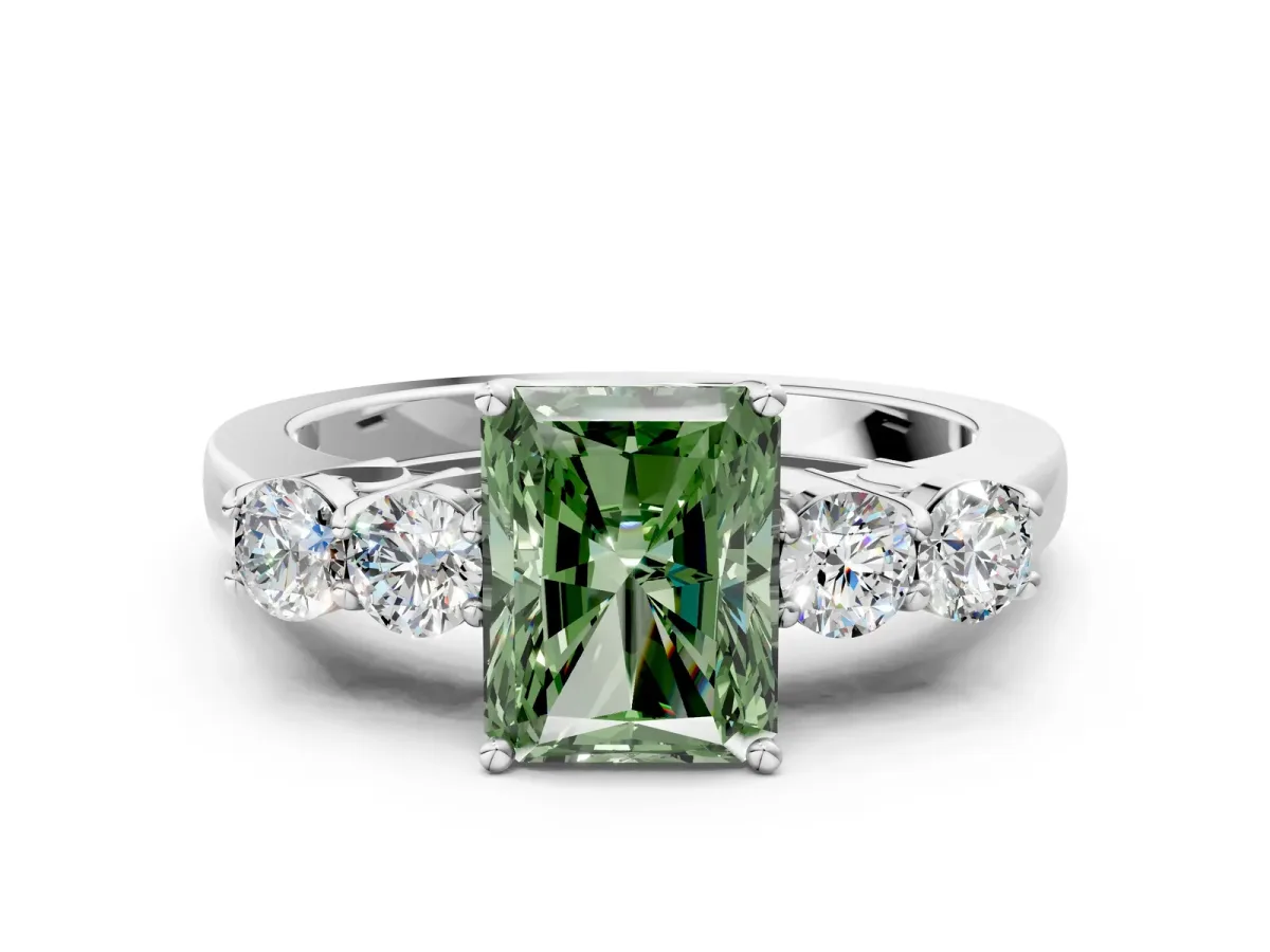 Fancy Green Radiant Cut Cut Diamond Five-Stone Prong Set White Gold Ring Platinum