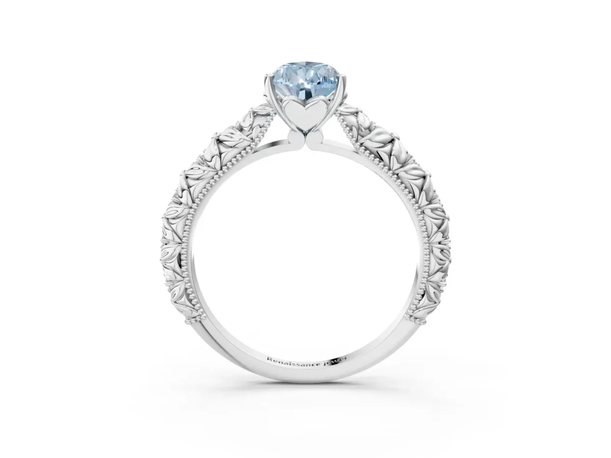 Fancy Blue Pear Cut Solitaire Floral Milgrain Engagement Ring Platinum