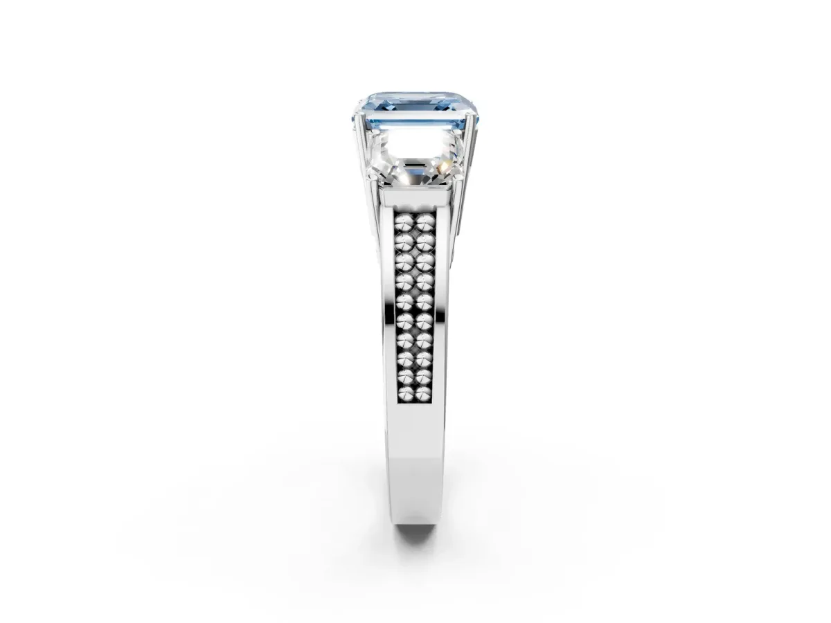 Fancy Blue Asscher Cut Diamond Three-Stone Ring with Prong Setting and Textured Band Platinum