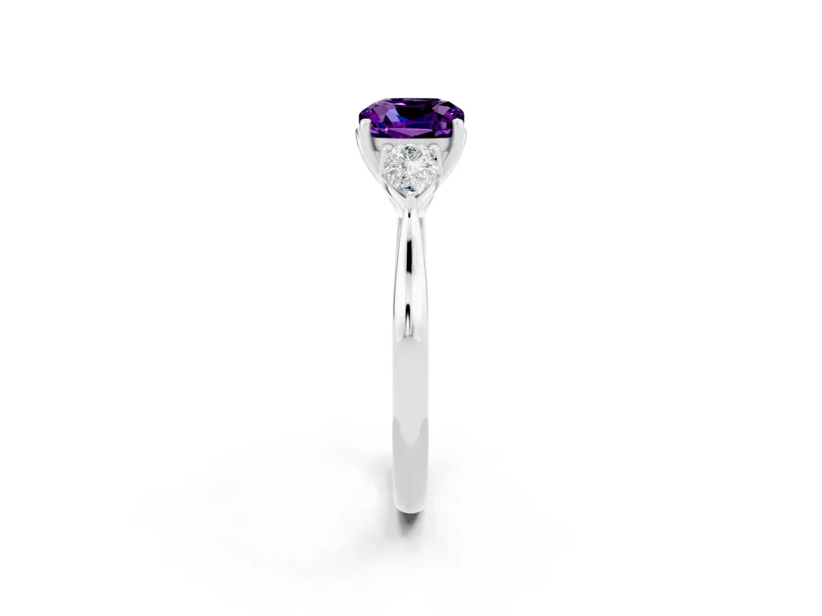 Three-Stone Cushion Cut Amethyst Ring with Pear Side Stones in Four-Prong Setting White gold