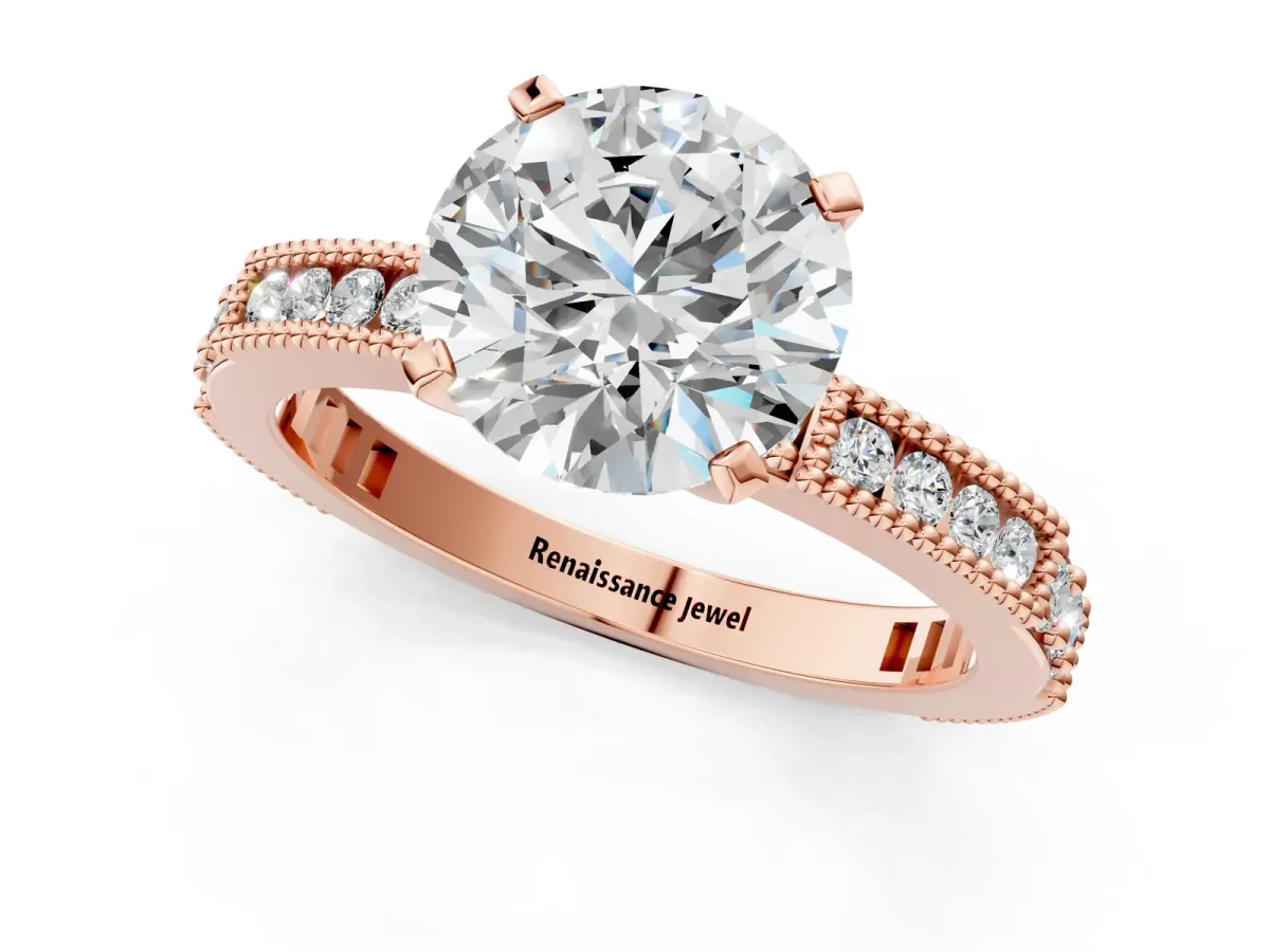 Round Cut Solitaire with Pavé Band and Four-Prong Setting Rose gold
