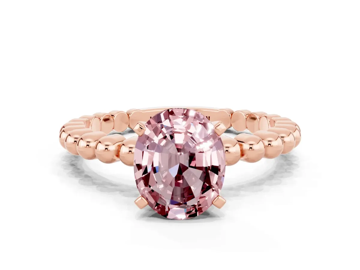 Oval Cut Morganite Solitaire Ring with Beaded Band and Prong Setting Rose gold