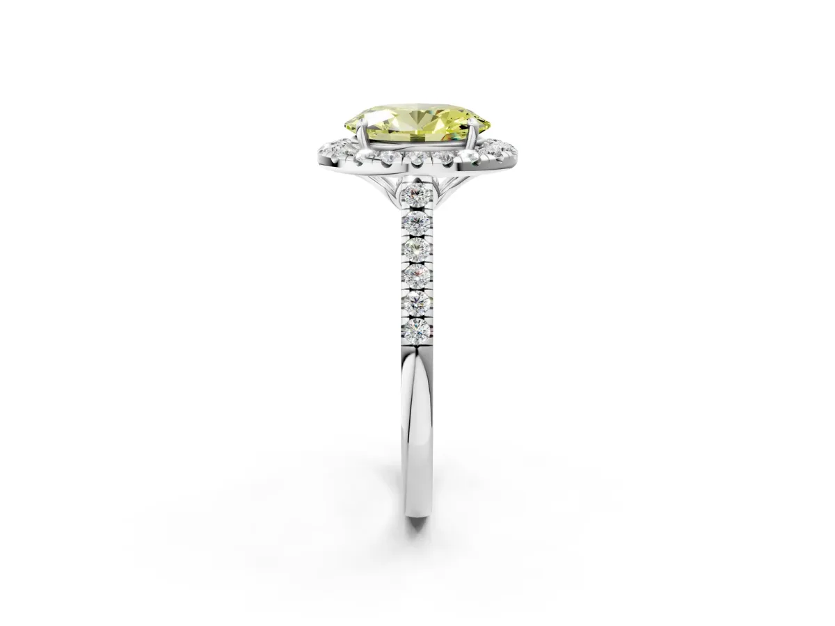 Fancy Yellow Oval Cut Halo Pavé Diamond Engagement Ring with Four-Prong Setting Silver