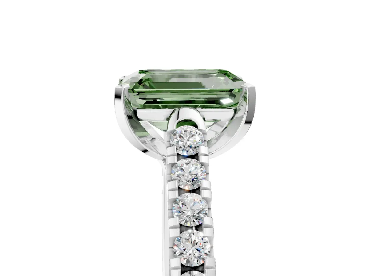 Fancy Green Emerald Cut Diamond Pavé Band Solitaire Ring with Prong Setting Platinum