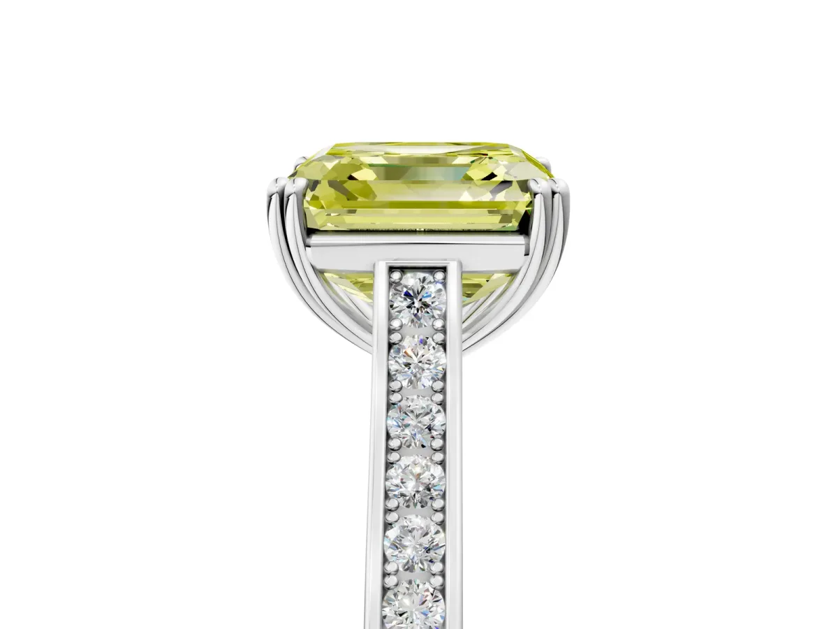 Fancy Yellow Asscher Cut Diamond Solitaire with Pave Band and Six-Prong Setting Platinum