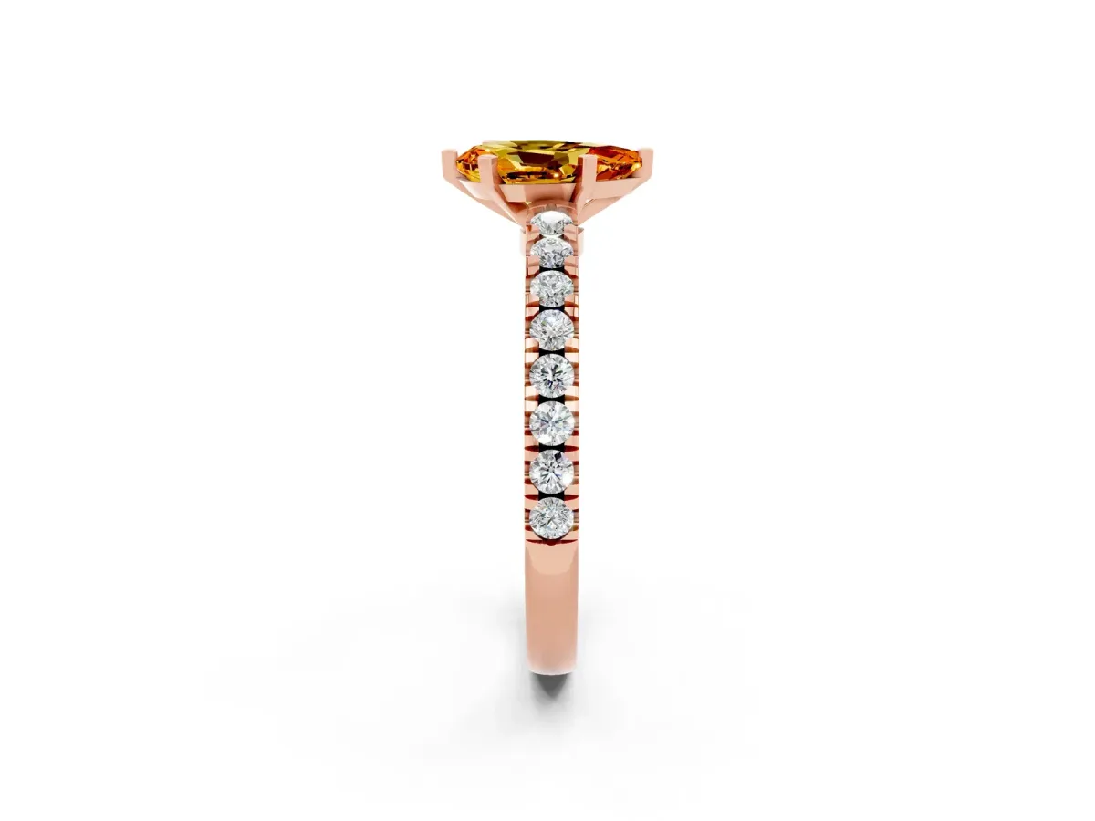 Pear Cut Solitaire Citrine with Pavé Band and Four-Prong Setting Rose gold