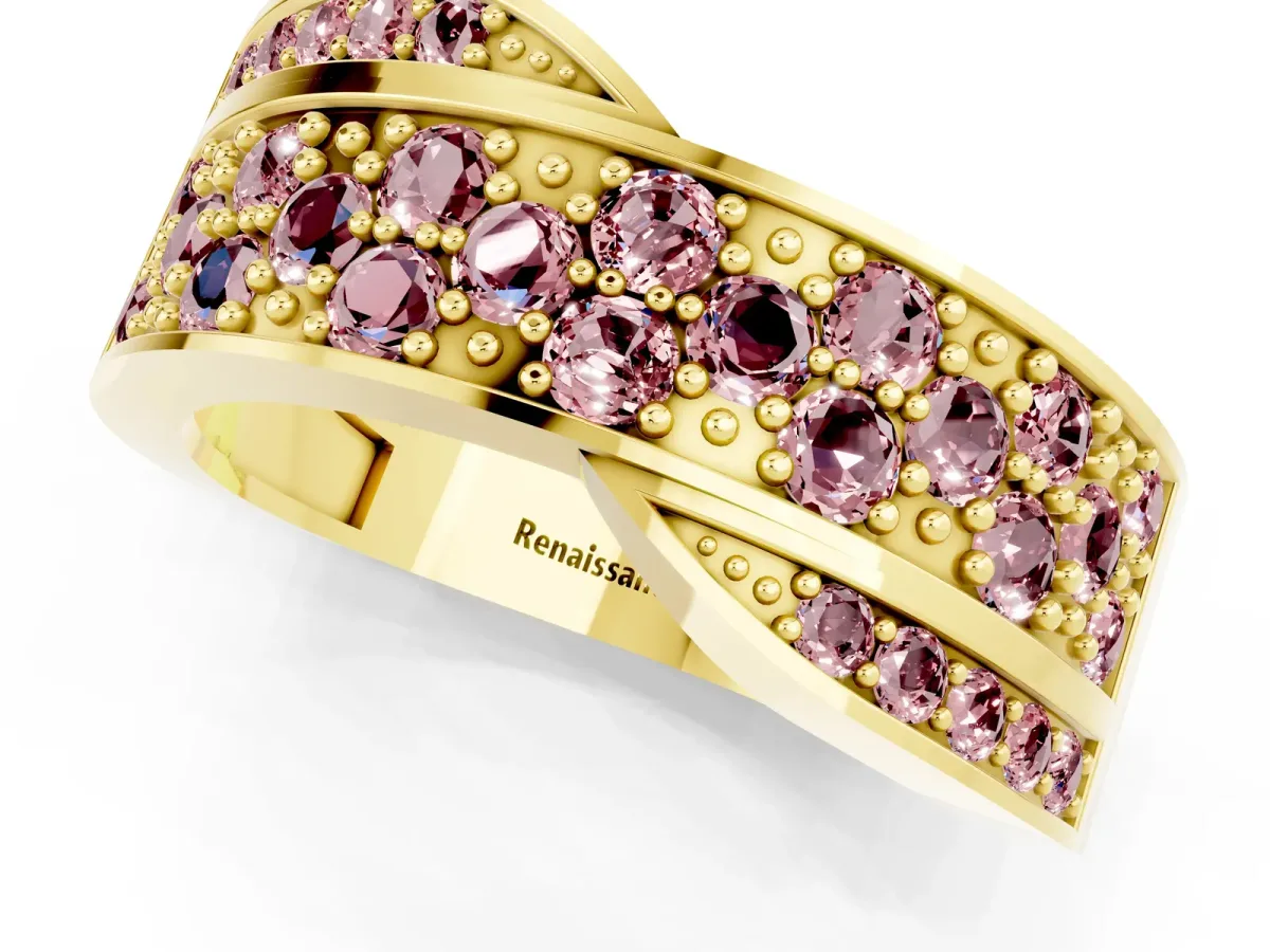 Pavé Round Morganite Crossover Band with Bead Prong Setting Yellow gold