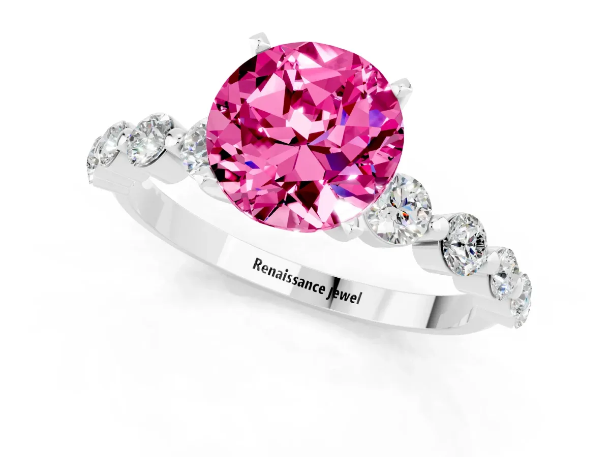 Round Cut Solitaire Pink Sapphire Ring with Pave Band and Four-Prong Setting Silver
