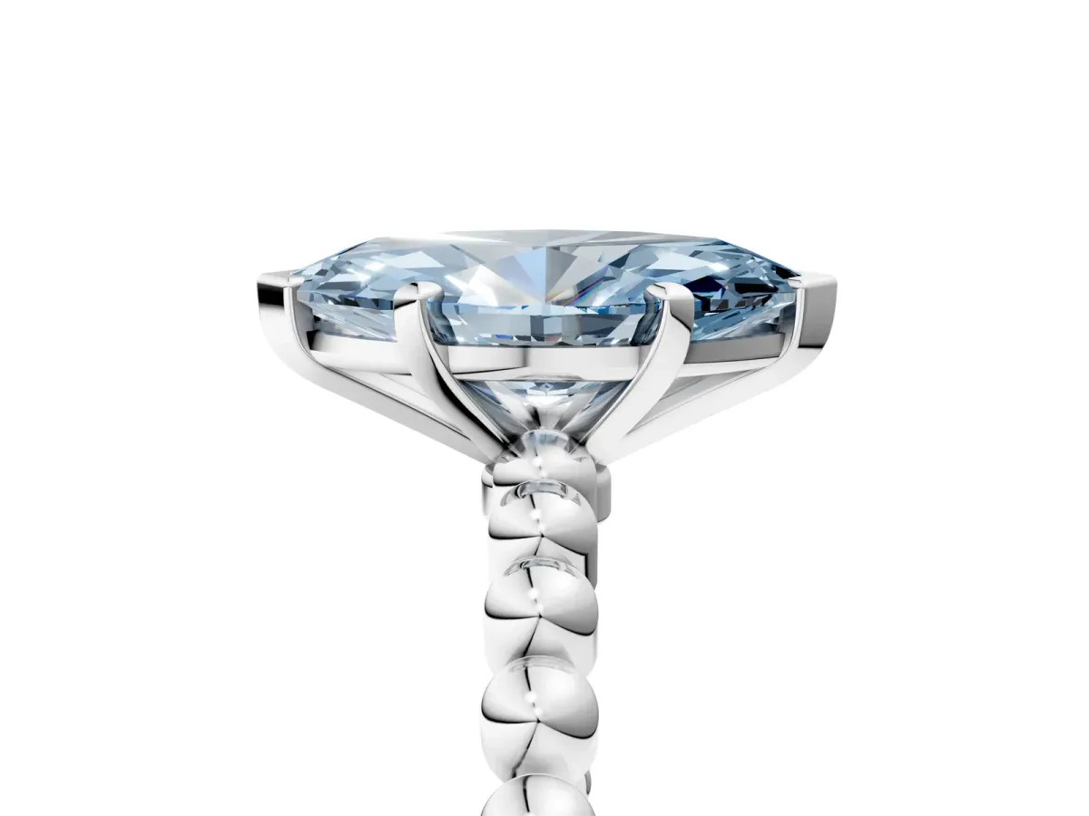 Fancy Blue Marquise Cut Diamond Solitaire Ring with Beaded Band and Prong Setting White gold